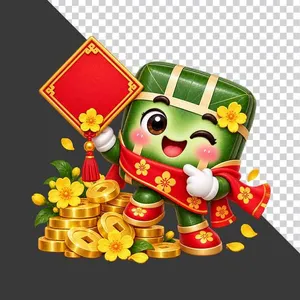Bánh chưng cầm câu đối hình thoi bên chồng tiền vàng tài lộc - File PNG
