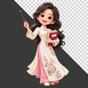 File PNG - Cô giáo áo dài trắng cầm thước bảng và sách tri ân 20 tháng 11