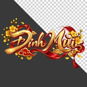 File PNG - Chữ Đinh Mùi 3D phong cách thư pháp vàng kim lụa đỏ hoa mai ngày Tết