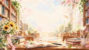 File JPG - Khối thư viện màu nước hoa hướng dương sách