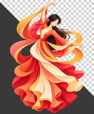 File PNG - Thiếu nữ mặc trang phục đỏ cam múa nghệ thuật dải lụa bay