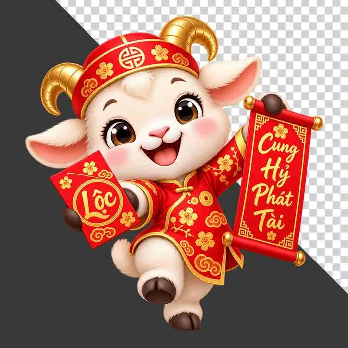 File PNG - Chú dê đỏ cầm phong bao lì xì chữ Lộc và cuộn thư Cung Hỷ Phát Tài