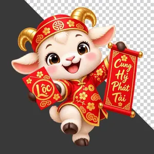 File PNG - Chú dê đỏ cầm phong bao lì xì chữ Lộc và cuộn thư Cung Hỷ Phát Tài