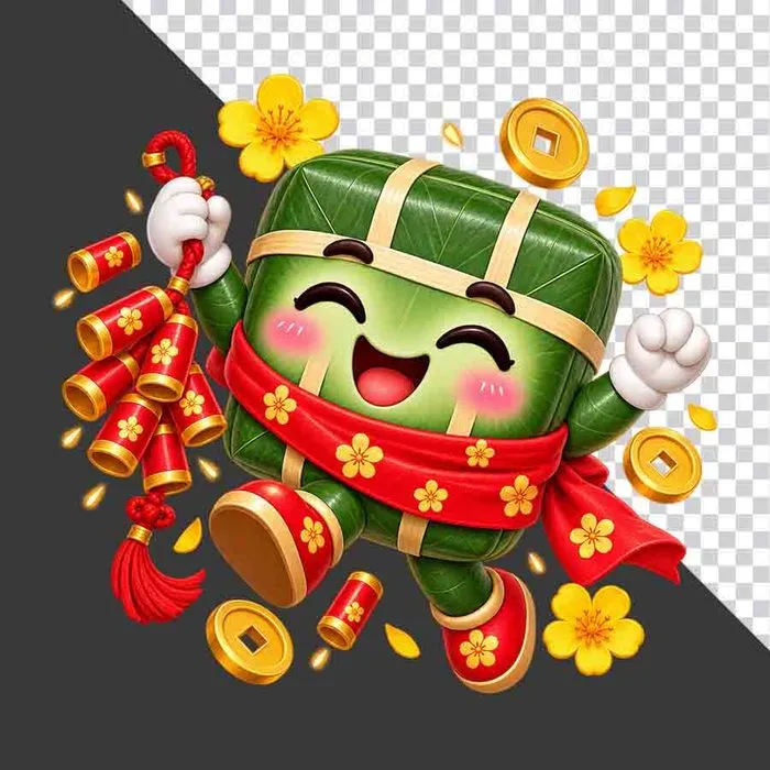 File PNG - Bánh chưng cầm dây pháo đỏ bên tiền vàng hoa mai ngày Tết   