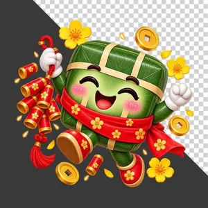 File PNG - Bánh chưng cầm dây pháo đỏ bên tiền vàng hoa mai ngày Tết   