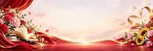 Phông nền bục sân khấu 20/11 sách vở hoa hướng dương lụa đỏ trái tim - JPG