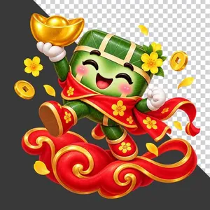 Nhân vật hoạt hình bánh chưng giơ cao thỏi vàng rực rỡ trên đám mây đỏ tài lộc - File PNG