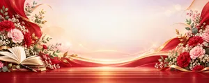  Phông nền 20/11 sách mở bút mực hoa cẩm chướng lụa đỏ bàn gỗ - File JPG