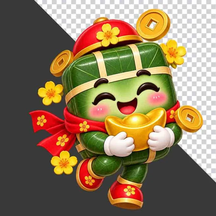Bánh chưng đội nón đỏ ôm thỏi vàng tài lộc hoa mai ngày Tết - File PNG