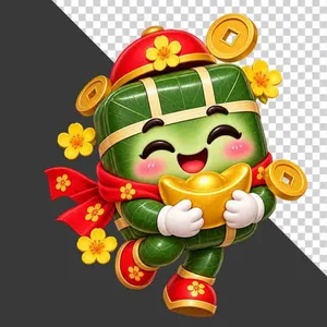 Bánh chưng đội nón đỏ ôm thỏi vàng tài lộc hoa mai ngày Tết - File PNG