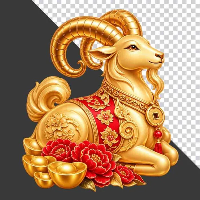 File PNG - Tượng dê vàng nằm nghỉ thỏi vàng hoa mẫu đơn