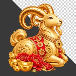 File PNG - Tượng dê vàng nằm nghỉ thỏi vàng hoa mẫu đơn
