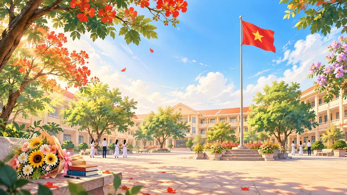 File JPG - Sân trường bình minh cờ đỏ học sinh hoa phượng