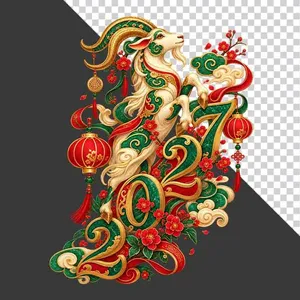 Hình ảnh chú dê nghệ thuật và chữ số 2027 xanh đỏ lồng đèn - File PNG