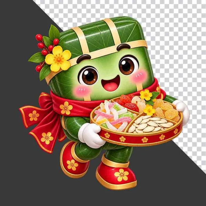 File PNG - Nhân vật hoạt hình bánh chưng bưng mứt Tết kẹo hạt dưa hoa mai