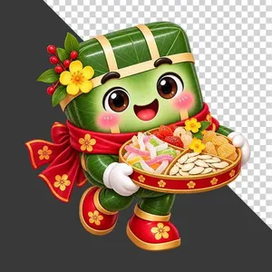 File PNG - Nhân vật hoạt hình bánh chưng bưng mứt Tết kẹo hạt dưa hoa mai