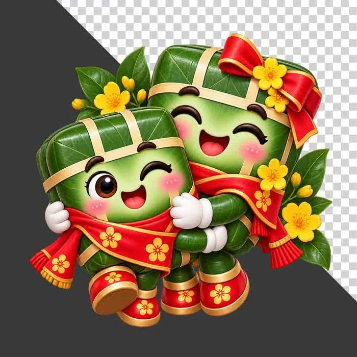 File PNG - Cặp đôi nhân vật hoạt hình bánh chưng dễ thương ôm nhau trang trí hoa mai đỏ