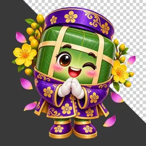 Bánh chưng mặc áo dài tím chắp tay chúc Tết hoa mai - File PNG