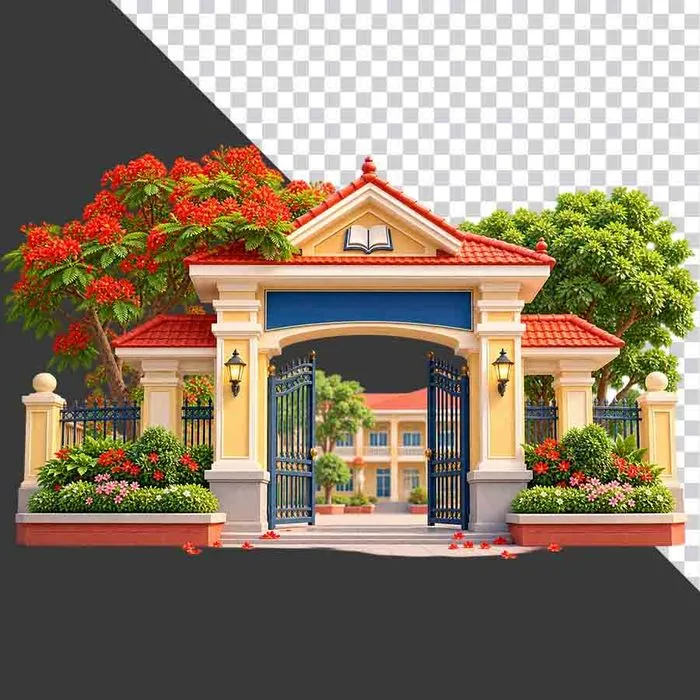 File PNG - Cổng trường học kiến trúc Việt Nam biểu tượng quyển sách mở kết hợp cây xanh khai giảng