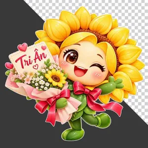 Nhân vật hoa hướng dương hoạt hình ôm bó hoa nhỏ và thiệp Tri ân 20/11 - File PNG