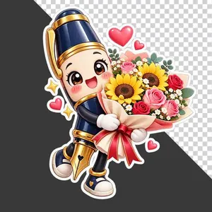 File PNG - Nhân vật bút máy xanh đen hoạt hình ôm bó hoa hồng và hoa hướng dương chào mừng 20/11   