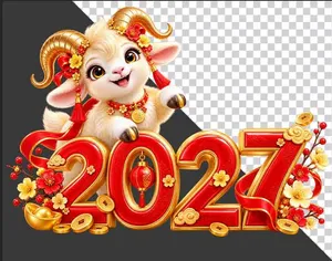 File PNG - Hình ảnh chú dê hoạt hình bên chữ số 2027 đỏ vàng