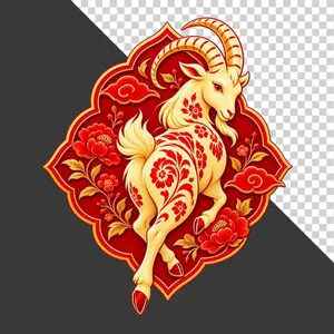 Hình ảnh chú dê vàng xoay người trang trí Tết hoa văn truyền thống - File PNG