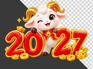 File PNG - Hình ảnh chú dê hoạt hình dễ thương nháy mắt tựa vào chữ số 2027 đỏ vàng