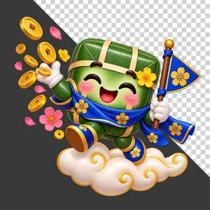 Nhân vật hoạt hình bánh chưng cầm cờ xanh mây trắng tài lộc - File PNG