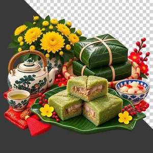 File PNG - Mẹt bánh chưng đôi cắt miếng hoa cúc vàng ấm chén và dưa hành ngày Tết
