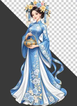 File PNG - Thiếu nữ mặc cổ phục xanh dương bưng ấm trà   