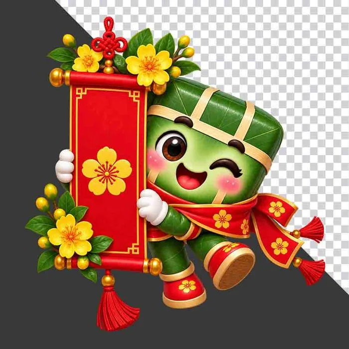 File PNG - Nhân vật hoạt hình bánh chưng dễ thương ôm câu đối đỏ hoa mai