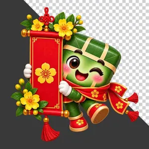 File PNG - Nhân vật hoạt hình bánh chưng dễ thương ôm câu đối đỏ hoa mai
