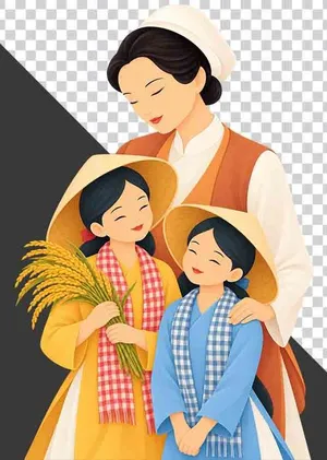 File PNG - Mẹ đội mũ vải ôm hai con gái mặc áo bà ba cầm bó lúa chín   