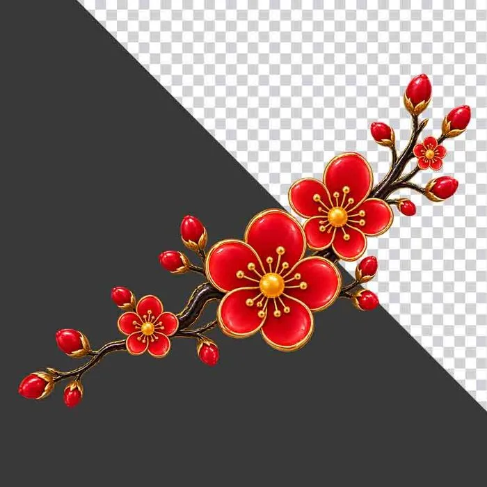 Cành hoa đào đỏ nhánh ngắn tinh tế - File PNG