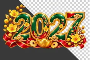 Chữ số 2027 xanh lá trang trí hoa mai - File PNG