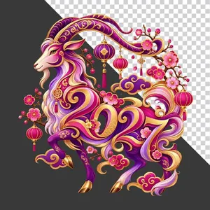 Hình ảnh chú dê tím hồng và chữ số 2027 hoa đào lồng đèn - File PNG