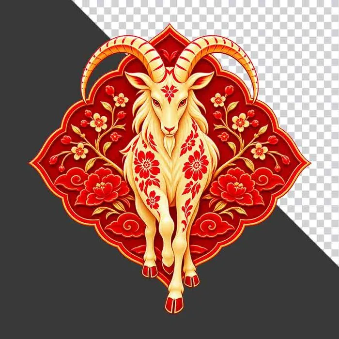 Hình ảnh chú dê vàng hướng về phía trước trang trí Tết hoa văn truyền thống - File PNG