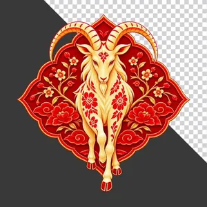 Hình ảnh chú dê vàng hướng về phía trước trang trí Tết hoa văn truyền thống - File PNG
