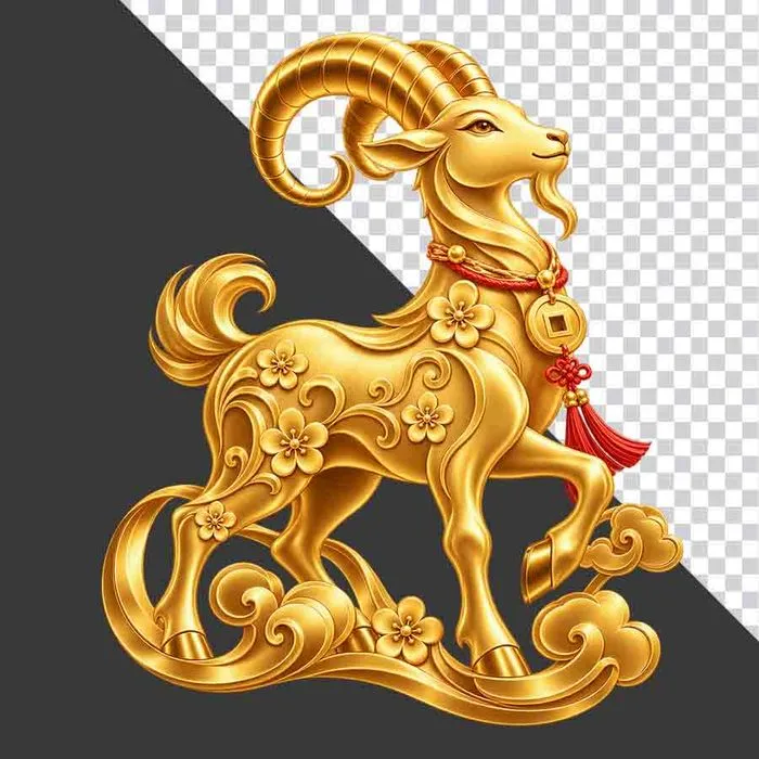 Tượng dê vàng nguyên khối dây đỏ tiền xu mây vàng - File PNG