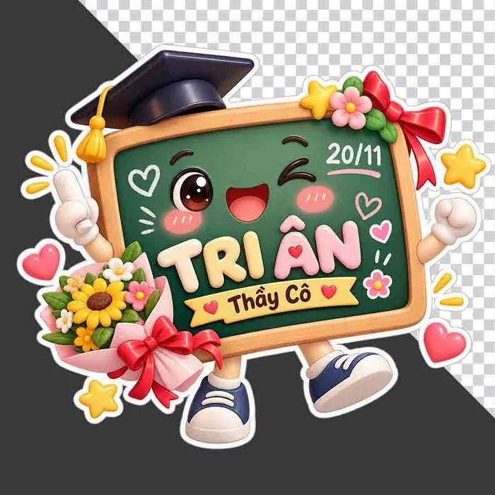 Bảng đen hoạt hình đội mũ cử nhân trang trí hoa và chữ Tri Ân Thầy Cô 20/11 - PNG
