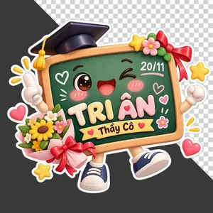 Bảng đen hoạt hình đội mũ cử nhân trang trí hoa và chữ Tri Ân Thầy Cô 20/11 - PNG