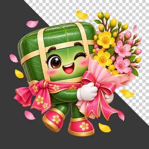 Bánh chưng ôm bó hoa đào hoa mai hồng rực rỡ chào xuân ngày Tết  - File PNG