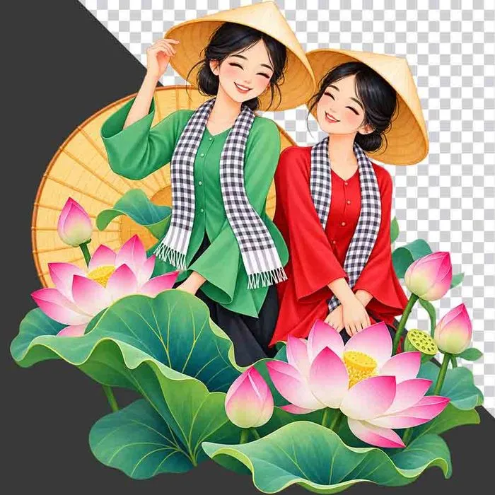 File PNG - Hai thiếu nữ mặc áo bà ba xanh đỏ khăn rằn đội nón lá bên đầm sen hồng