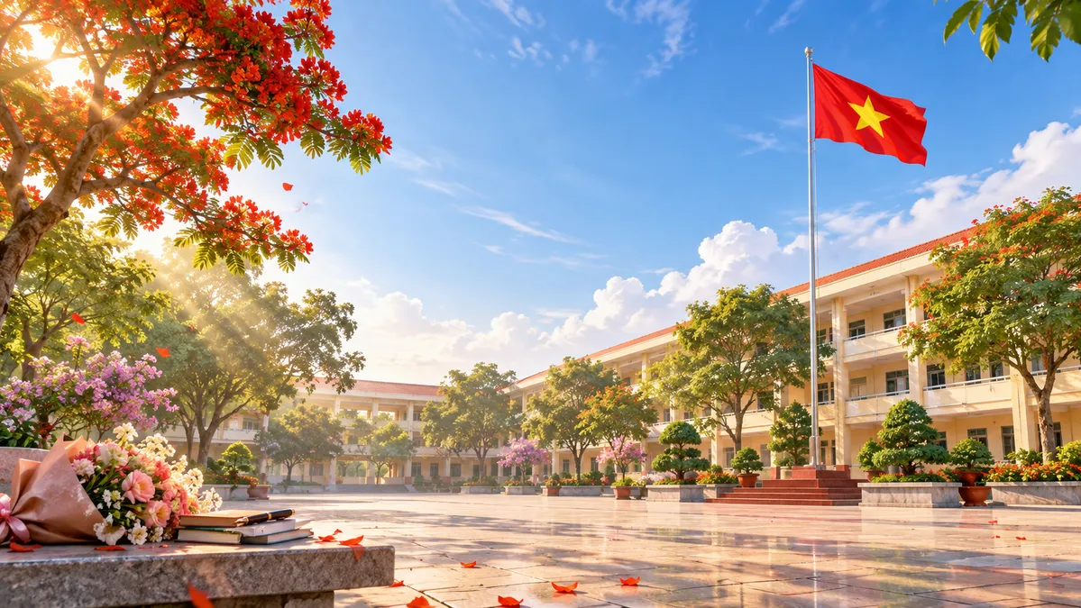 Sân trường bình minh cờ đỏ hoa phượng - File JPG