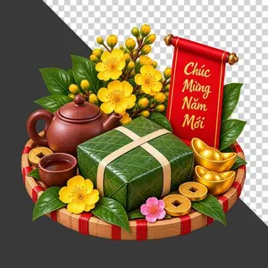 Mẹt tre bánh chưng ấm chén trà hoa mai thỏi vàng và cuộn thư Chúc Mừng Năm Mới - File PNG