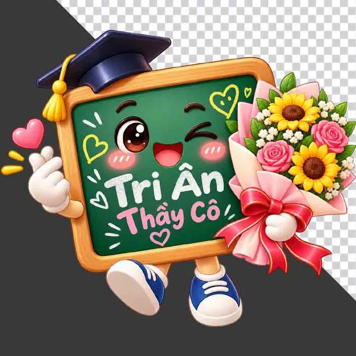 Bảng đen đội mũ cử nhân có chữ Tri ân Thầy Cô ôm bó hoa 20/11 - File PNG
