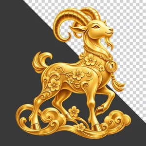 File PNG - Tượng dê vàng nguyên khối đứng trên mây hoa mai