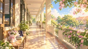 Hành lang trường học nắng mai hoa giấy ghế đá - file JPG