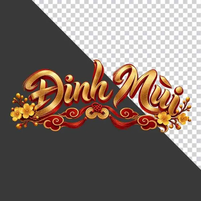 File PNG - Chữ Đinh Mùi 3D ngang hoa mai vàng lụa đỏ đồng tiền ngày Tết